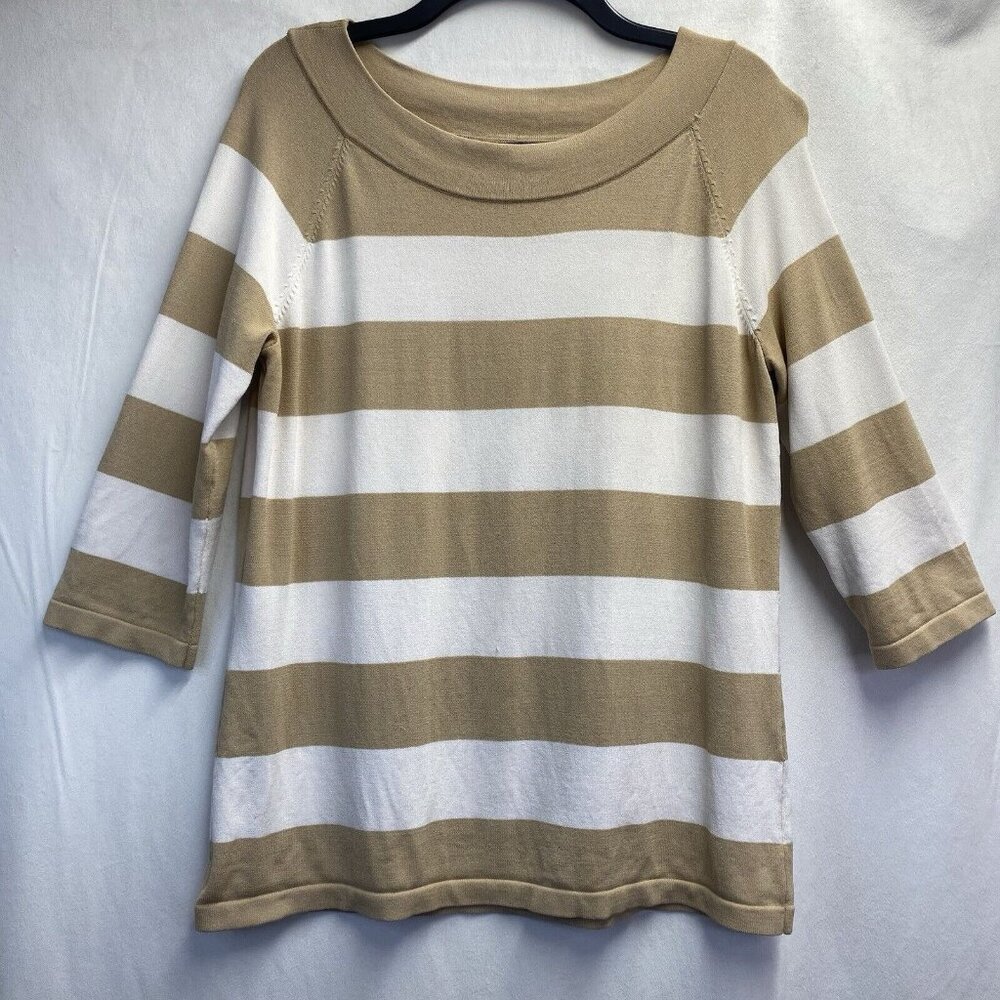Jones New York Boat Neck 3/4 Sleeve Sweater Top Women XL White/Tan Stripes Used